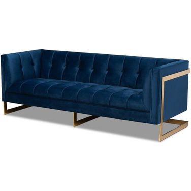 Baxton Studio Ambra Glam and Luxe Royal Blue Velvet Fabric Upholstered and Button Tufted Gold Sofa with Gold-Tone Frame