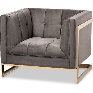 Baxton Studio Ambra Glam and Luxe Grey Velvet Fabric Upholstered and Button Tufted Armchair with Gold-Tone Frame