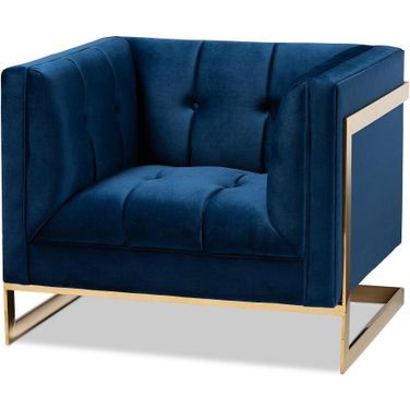 Baxton Studio Ambra Glam and Luxe Royal Blue Velvet Fabric Upholstered and Button Tufted Armchair with Gold-Tone Frame