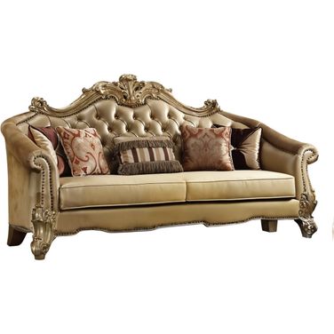89 Inch Faux Leather Sofa and Toss Pillows with Gold Legs In Bone