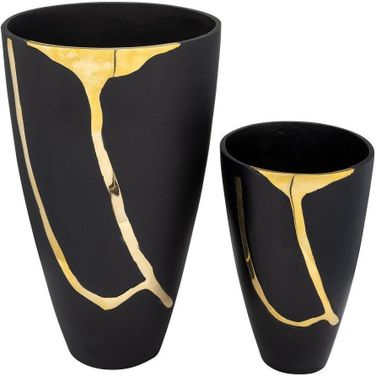 9 And 14 Inch Metal Cracked Design Vases Set of 2 In Brass