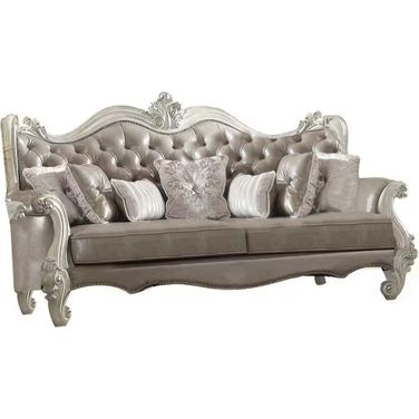 90 Inch Faux Leather Curved Sofa and Toss Pillows with Bone Legs In Gray