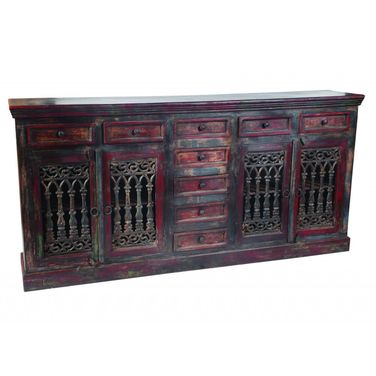 90 Inch Solid Wood Nine Drawer Buffet Table with Four Doors In Brown