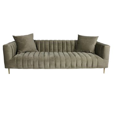 90 Inch Velvet Sofa and Toss Pillows with Gold Legs In Gray Brown