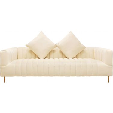 90 Inch Velvet Sofa and Toss Pillows with Gold Legs In Ivory