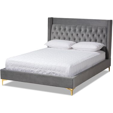 Baxton Studio Valery Modern And Contemporary Dark Gray Velvet Fabric Upholstered Queen Size Platform Bed With Gold-Finished Legs
