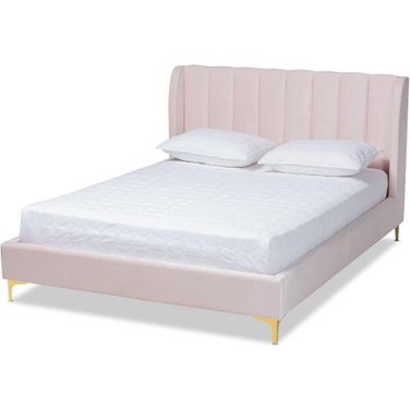 Baxton Studio Saverio Glam and Luxe Light Pink Velvet Fabric Upholstered Queen Size Platform Bed with Gold-Tone Legs
