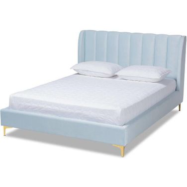 Baxton Studio Saverio Glam and Luxe Light Blue Velvet Fabric Upholstered Queen Size Platform Bed with Gold-Tone Legs