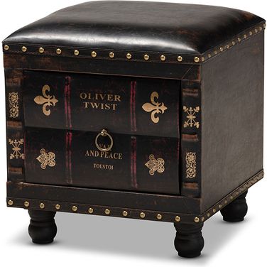 Baxton Studio Charlier Rustic Antique Inspired Dark Brown Faux Leather Upholstered Wood Storage Ottoman With Book Spine Drawer