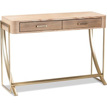 Lafoy Modern And Contemporary Natural Brown Wood And Gold Finished 2-Drawer Console Table