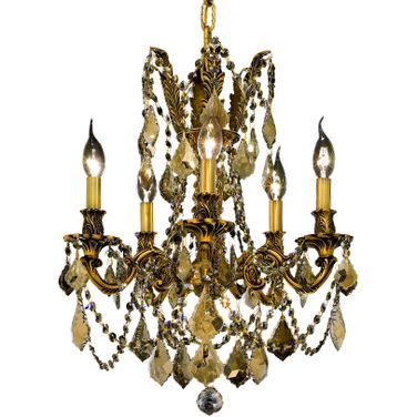 Rosalia 18" French Gold 5 Light Pendant With Golden Teak Royal Cut Crystal Trim