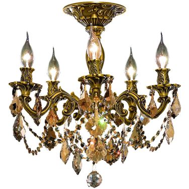 Rosalia 18" French Gold 5 Light Flush Mount With Golden Teak Royal Cut Crystal Trim