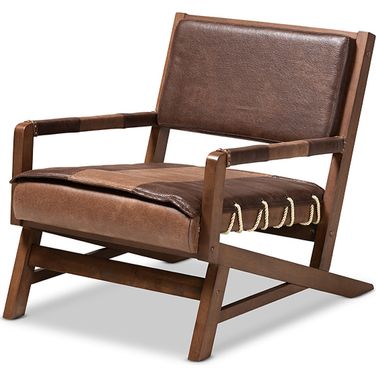 Baxton Studio Rovelyn Rustic Brown Faux Leather Upholstered Walnut Finished Wood Lounge Chair