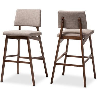 Baxton Studio Colton Mid-Century Modern Light Gray Fabric Upholstered And Walnut-Finished Wood Bar Stool Set Of 2