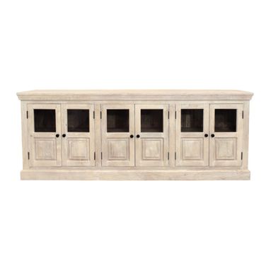 93 Inch Distressed Solid Wood Sideboard with Six Glass Doors In Antiqued White