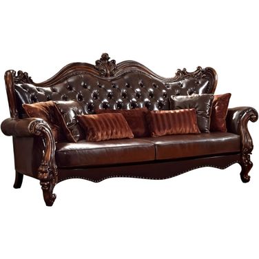 93 Inch Faux Leather Sofa and Toss Pillows with Burgundy Legs In Brown