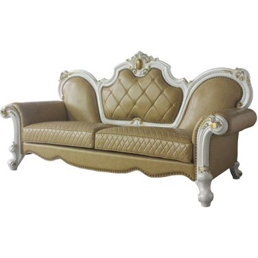 93 Inch Faux Leather Sofa and Toss Pillows with Pearl Legs In Golden Brown