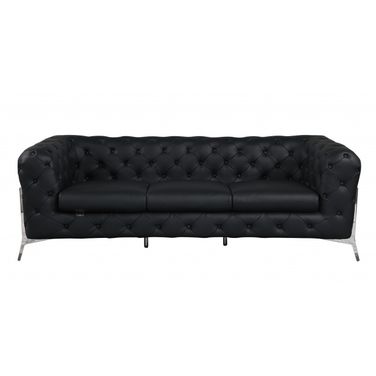 93 Inch Italian Leather Chesterfield Sofa with Silver Legs In Black
