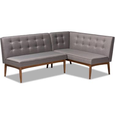 Baxton Studio Arvid Mid-Century Modern Gray Fabric Upholstered 2-Piece Wood Dining Corner Sofa Bench