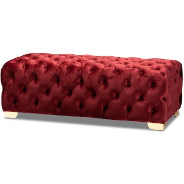 Baxton Studio Avara Glam And Luxe Burgundy Velvet Fabric Upholstered Gold Finished Button Tufted Bench Ottoman