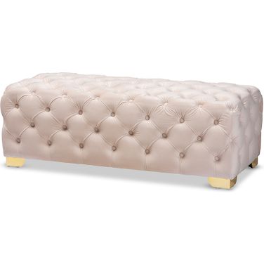 Baxton Studio Avara Glam And Luxe Light Beige Velvet Fabric Upholstered Gold Finished Button Tufted Bench Ottoman