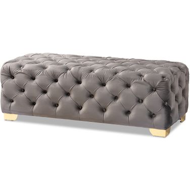 Baxton Studio Avara Glam And Luxe Gray Velvet Fabric Upholstered Gold Finished Button Tufted Bench Ottoman