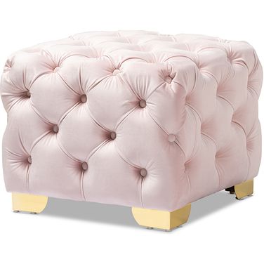 Baxton Studio Avara Glam And Luxe Light Pink Velvet Fabric Upholstered Gold Finished Button Tufted Ottoman