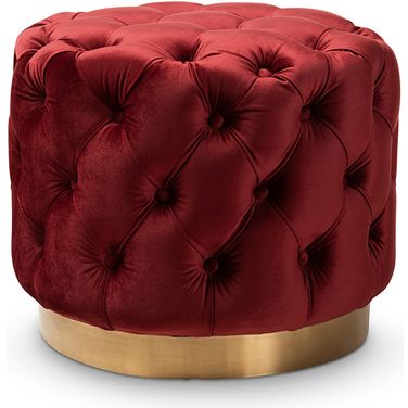 Baxton Studio Valeria Glam Burgundy Red Velvet Fabric Upholstered Gold-Finished Button Tufted Ottoman