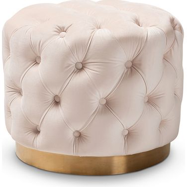 Baxton Studio Valeria Glam Light Beige Velvet Fabric Upholstered Gold-Finished Button Tufted Ottoman