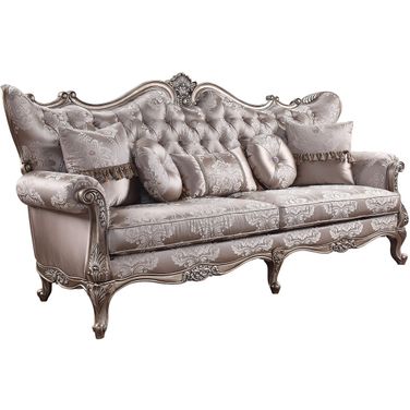 94 Inch Imitation Silk Damask Sofa and Toss Pillows with Champagne Legs In Dark Gray