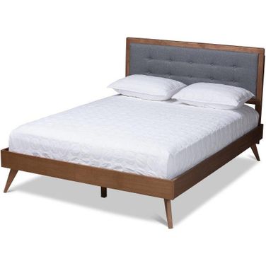 Baxton Studio Ines Mid-Century Modern Dark Grey Fabric Upholstered Walnut Brown Finished Wood Queen Size Platform Bed