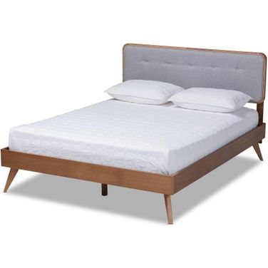 Baxton Studio Dilara Mid-Century Modern Light Grey Fabric Upholstered Walnut Brown Finished Wood Queen Size Platform Bed