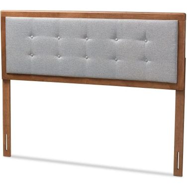 Baxton Studio Sarine Mid-Century Modern Light Grey Fabric Upholstered Walnut Brown Finished Wood Full Size Headboard