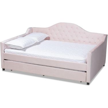 Baxton Studio Perry Modern and Contemporary Light Pink Velvet Fabric Upholstered and Button Tufted Full Size Daybed with Trundle