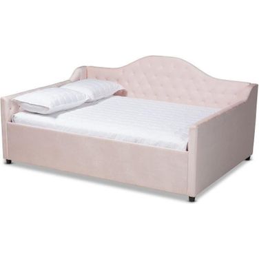 Baxton Studio Perry Modern and Contemporary Light Pink Velvet Fabric Upholstered and Button Tufted Queen Size Daybed