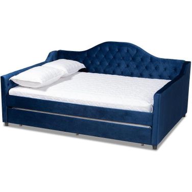 Baxton Studio Perry Modern and Contemporary Royal Blue Velvet Fabric Upholstered and Button Tufted Queen Size Daybed with Trundle
