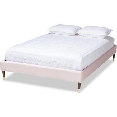 Baxton Studio Volden Glam and Luxe Light Pink Velvet Fabric Upholstered Full Size Wood Platform Bed Frame with Gold-Tone Leg Tips