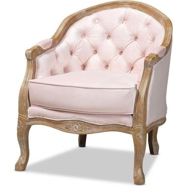 Baxton Studio Genevieve Traditional French Provincial Light Pink Velvet Upholstered White-Washed Oak Wood Armchair
