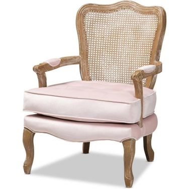 Baxton Studio Vallea Traditional French Provincial Light Pink Velvet Fabric Upholstered White-Washed Oak Wood Armchair
