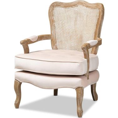 Baxton Studio Vallea Traditional French Provincial Light Beige Velvet Fabric Upholstered White-Washed Oak Wood Armchair