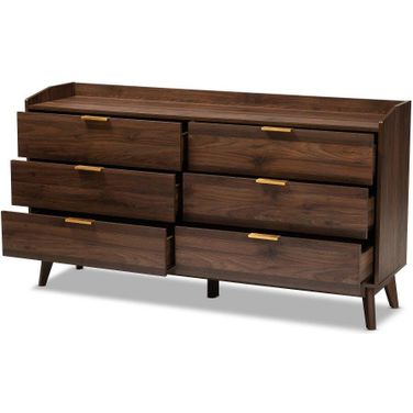 Baxton Studio Lena Mid-Century Modern Walnut Brown Finished 6-Drawer Wood Dresser
