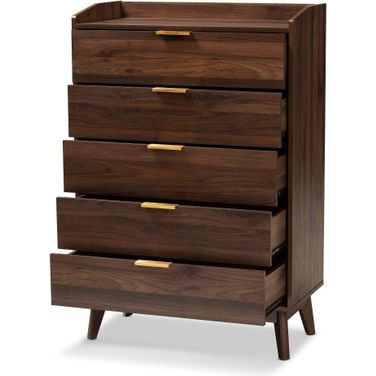 Baxton Studio Lena Mid-Century Modern Walnut Brown Finished 5-Drawer Wood Chest