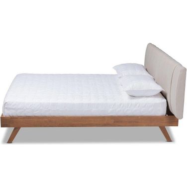 Baxton Studio Brita Mid-Century Modern Light Beige Fabric Upholstered Walnut Finished Wood King Size Bed