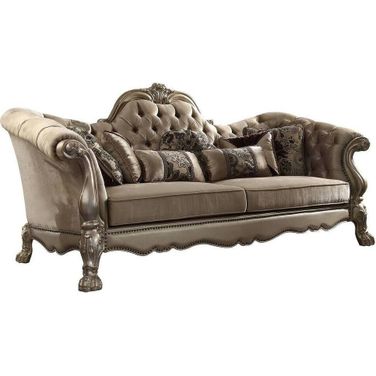 96 Inch Velvet Sofa and Toss Pillows with Gold Legs In Bone