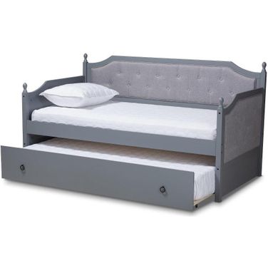Baxton Studio Mara Classic and Traditional Grey Fabric Upholstered Grey Finished Wood Twin Size Daybed with Trundle