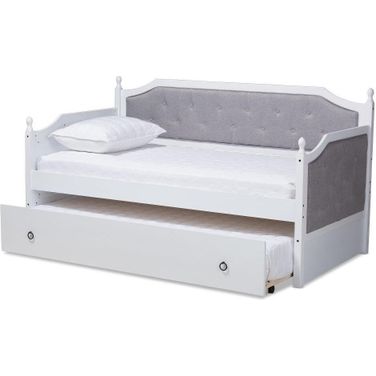 Baxton Studio Mara Classic and Traditional Grey Fabric Upholstered White Finished Wood Twin Size Daybed with Trundle