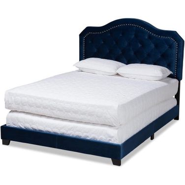 Samantha Modern and Contemporary Navy Blue Velvet Fabric Upholstered Queen Size Button Tufted Bed