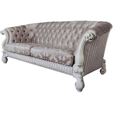 99 Inch Velvet Damask Sofa and Toss Pillows with Bone Legs In Ivory