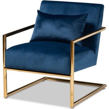 Mira Glam and Luxe Navy Blue Velvet Fabric Upholstered Gold Finished Metal Lounge Chair