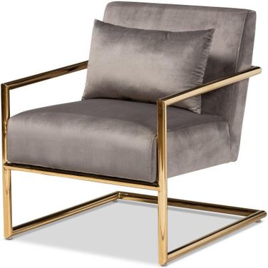 Mira Glam and Luxe Grey Velvet Fabric Upholstered Gold Finished Metal Lounge Chair